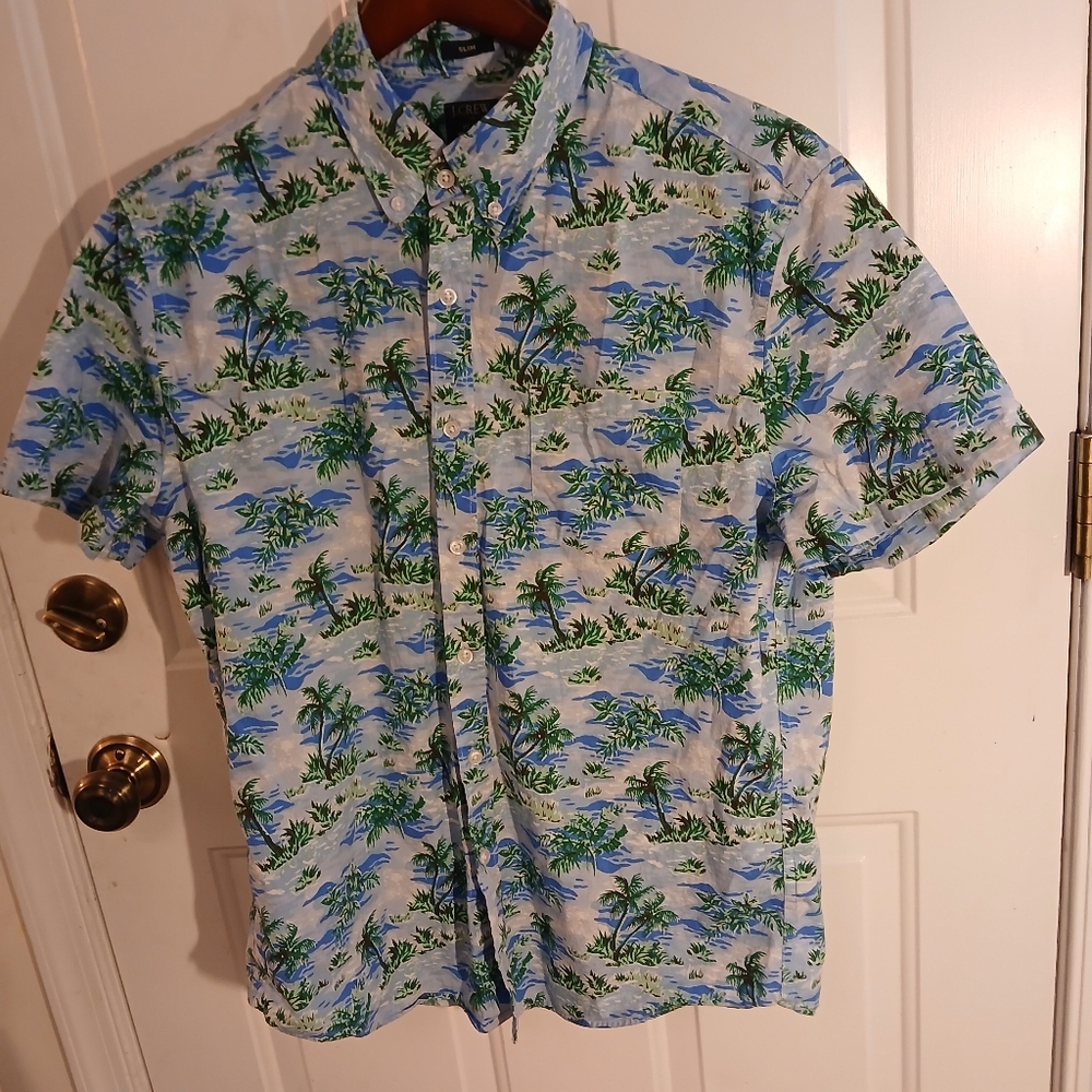 J. Crew Light Blue Tropical Print Short Sleeve Button-Down Shirt